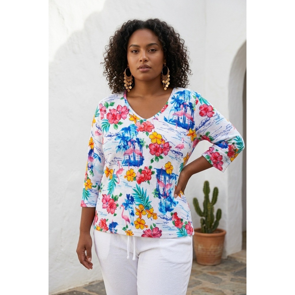 CD Daniels Womens 1X Tropical Flamingo Hibiscus Rhinestone Top White V-Neck